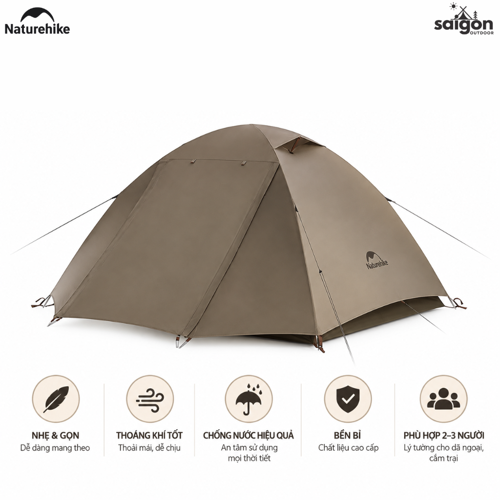Lều Cắm Trại Naturehike 2-3 Người Siêu Nhẹ, Chống Nước PU2000mm+, UPF50+, Khung Nhôm 7001 CNK2300ZP024
