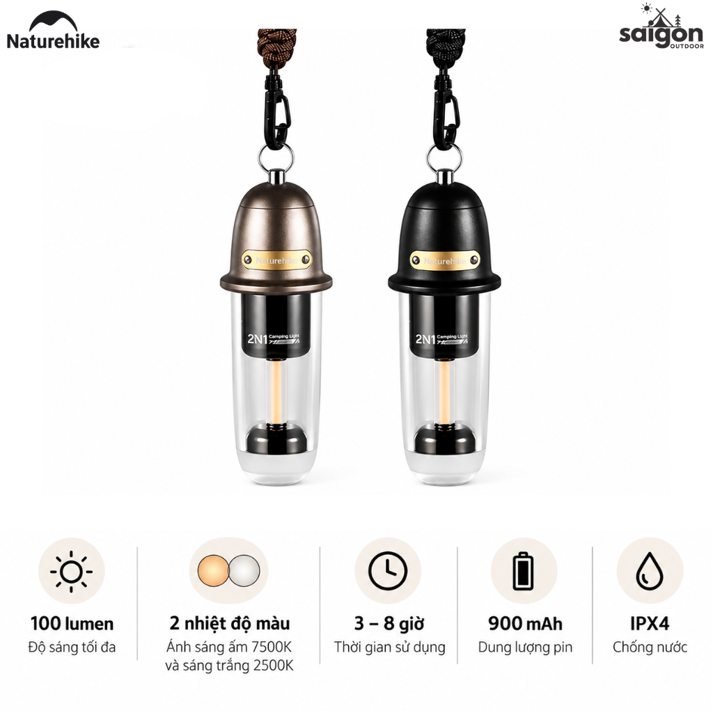 Đèn treo dã ngoại naturehike 2 trong 1 – Đèn camping mini, 2 chế độ sáng, Sạc Type-c CNK2350ZM010