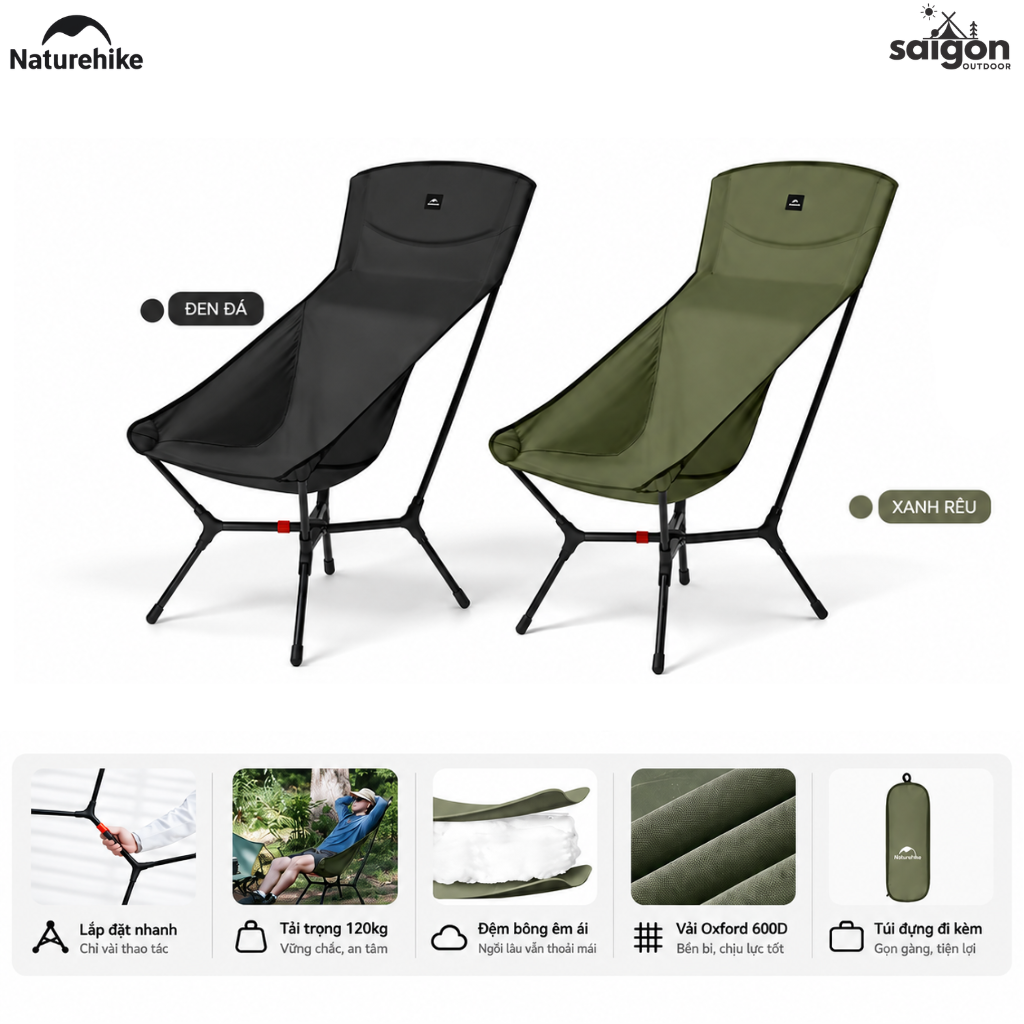 Ghế Dã Ngoại Naturehike YL01 – Tựa Lưng Cao, Đệm Êm, Gấp Gọn CNK2550JJ013