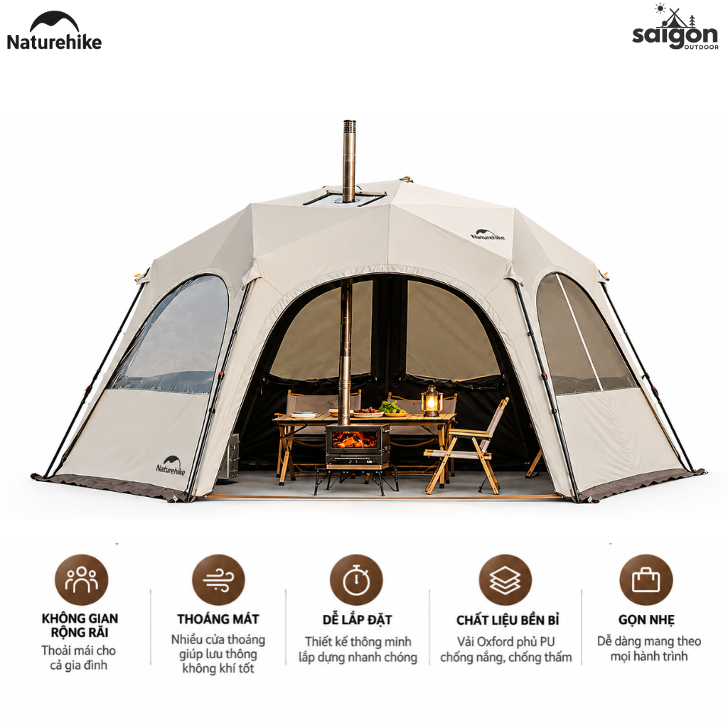 Lều Mái Vòm Lục Giác Naturehike 14m², Lều Cắm Trại Dã Ngoại Gia Đình Chống Nắng Chống Thấm CNK230WS014