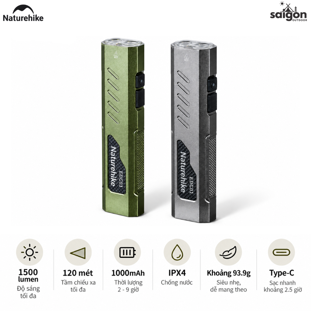 Đèn Pin Cầm Tay Naturehike EDC01 – 1500LM, Chiếu Xa 120m, Pin 1000mAh, IPX4, Sạc Type-C CNK2450ZM016