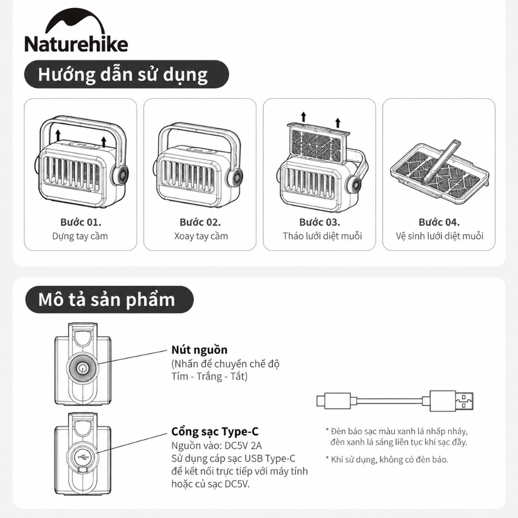 Đèn Diệt Muỗi Cắm Trại Naturehike Moon Companion 4000mAh – 150lm, 1000V, Sạc Type-C, 40 Giờ CNK2550ZM013