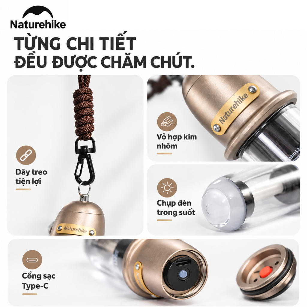 Đèn treo dã ngoại naturehike 2 trong 1 – Đèn camping mini, 2 chế độ sáng, Sạc Type-c CNK2350ZM010
