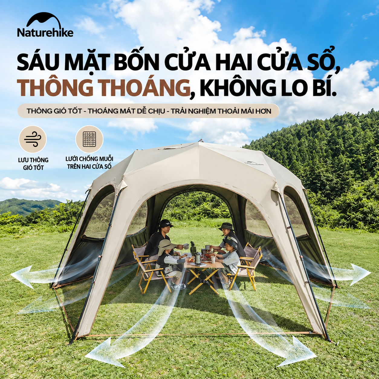 Lều Mái Vòm Lục Giác Naturehike 14m², Lều Cắm Trại Dã Ngoại Gia Đình Chống Nắng Chống Thấm CNK230WS014