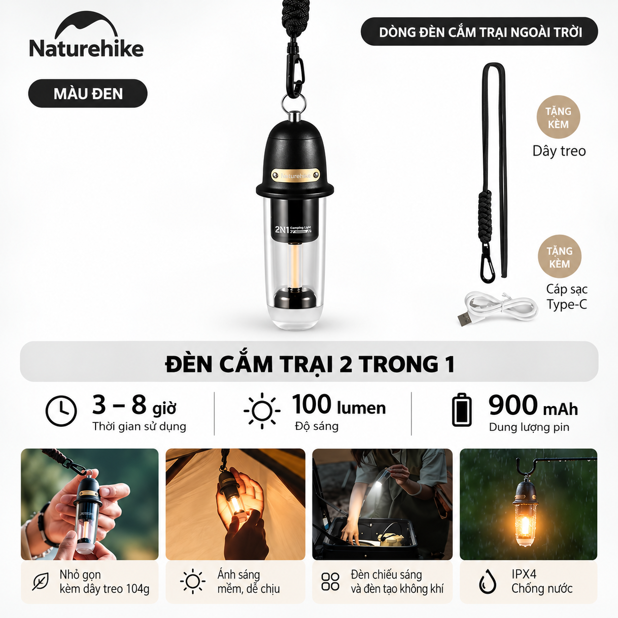 Đèn treo dã ngoại naturehike 2 trong 1 – Đèn camping mini, 2 chế độ sáng, Sạc Type-c CNK2350ZM010