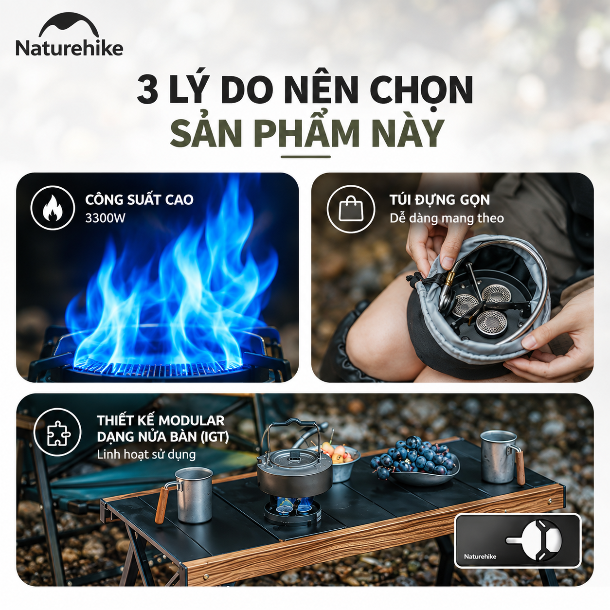 Bếp gas dã ngoại Naturehike - 3 đầu đốt, công suất lớn CNK2450CF019
