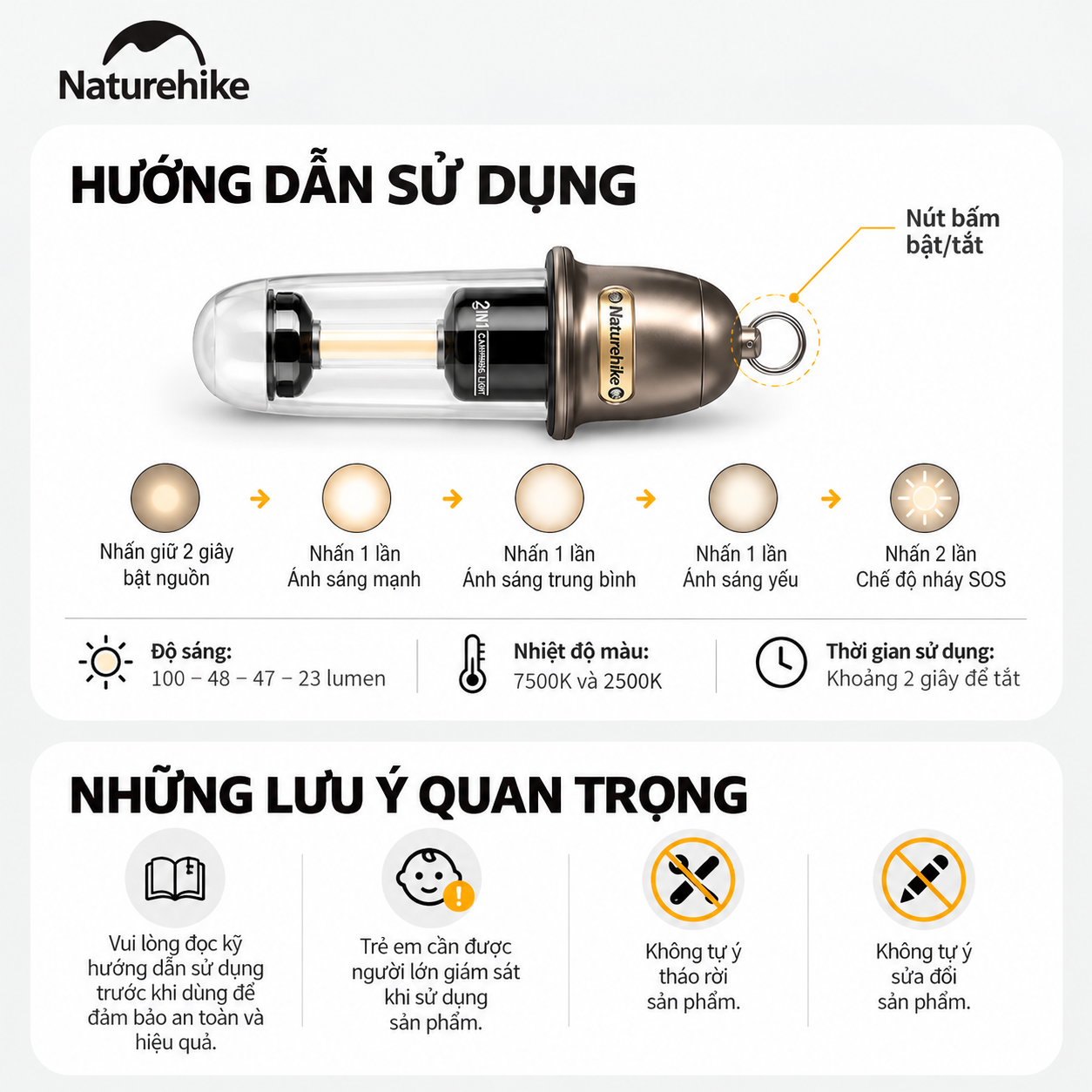 Đèn treo dã ngoại naturehike 2 trong 1 – Đèn camping mini, 2 chế độ sáng, Sạc Type-c CNK2350ZM010