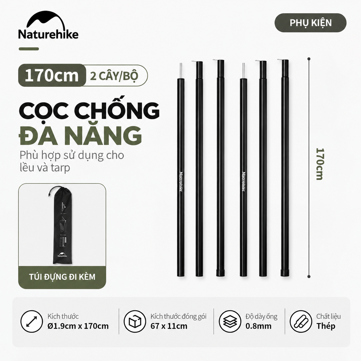 Cột Chống Tăng Naturehike – Cột Dựng Tarp Camping Thép Gấp Gọn, Khóa Bấm Chắc Chắn CNK2550PJ010