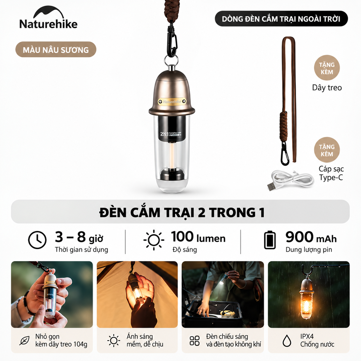 Đèn treo dã ngoại naturehike 2 trong 1 – Đèn camping mini, 2 chế độ sáng, Sạc Type-c CNK2350ZM010
