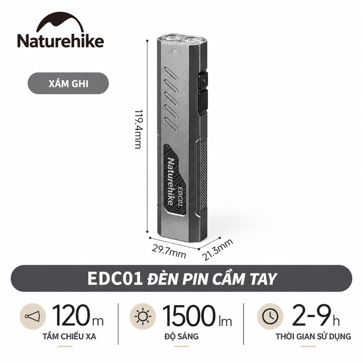 Đèn Pin Cầm Tay Naturehike EDC01 – 1500LM, Chiếu Xa 120m, Pin 1000mAh, IPX4, Sạc Type-C CNK2450ZM016