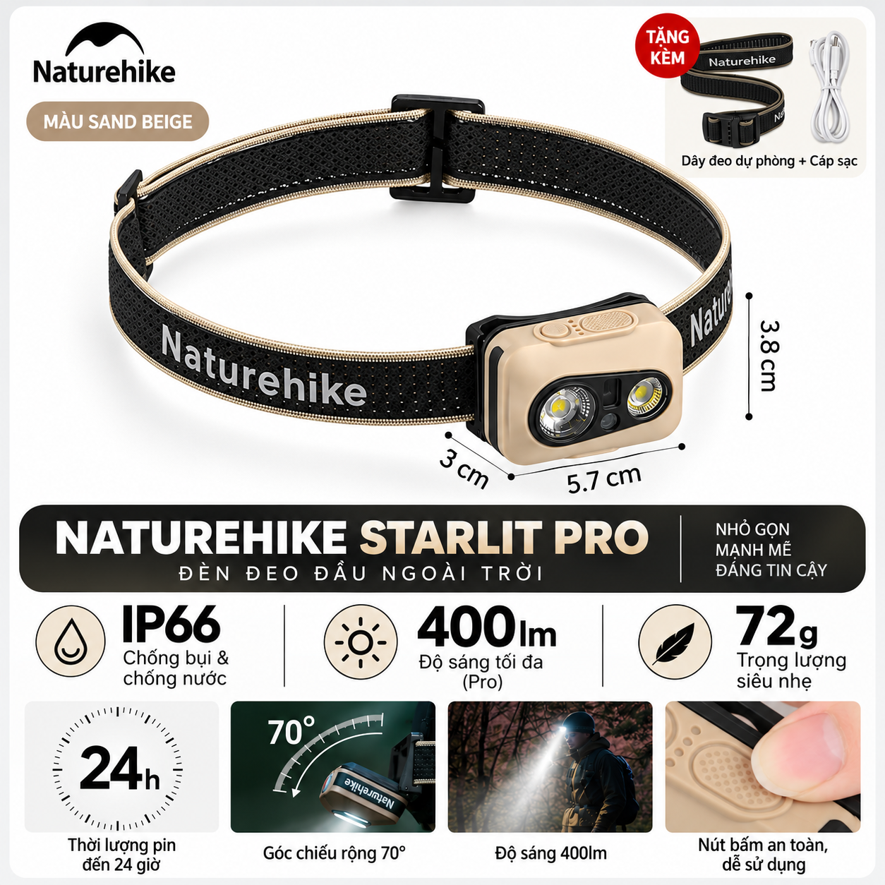 Đèn Đội Đầu Naturehike Starlit Pro – 400LM, 1200mAh, IP66, Cảm Biến Vẫy Tay, Góc Chiếu 70° CNK2450ZM015
