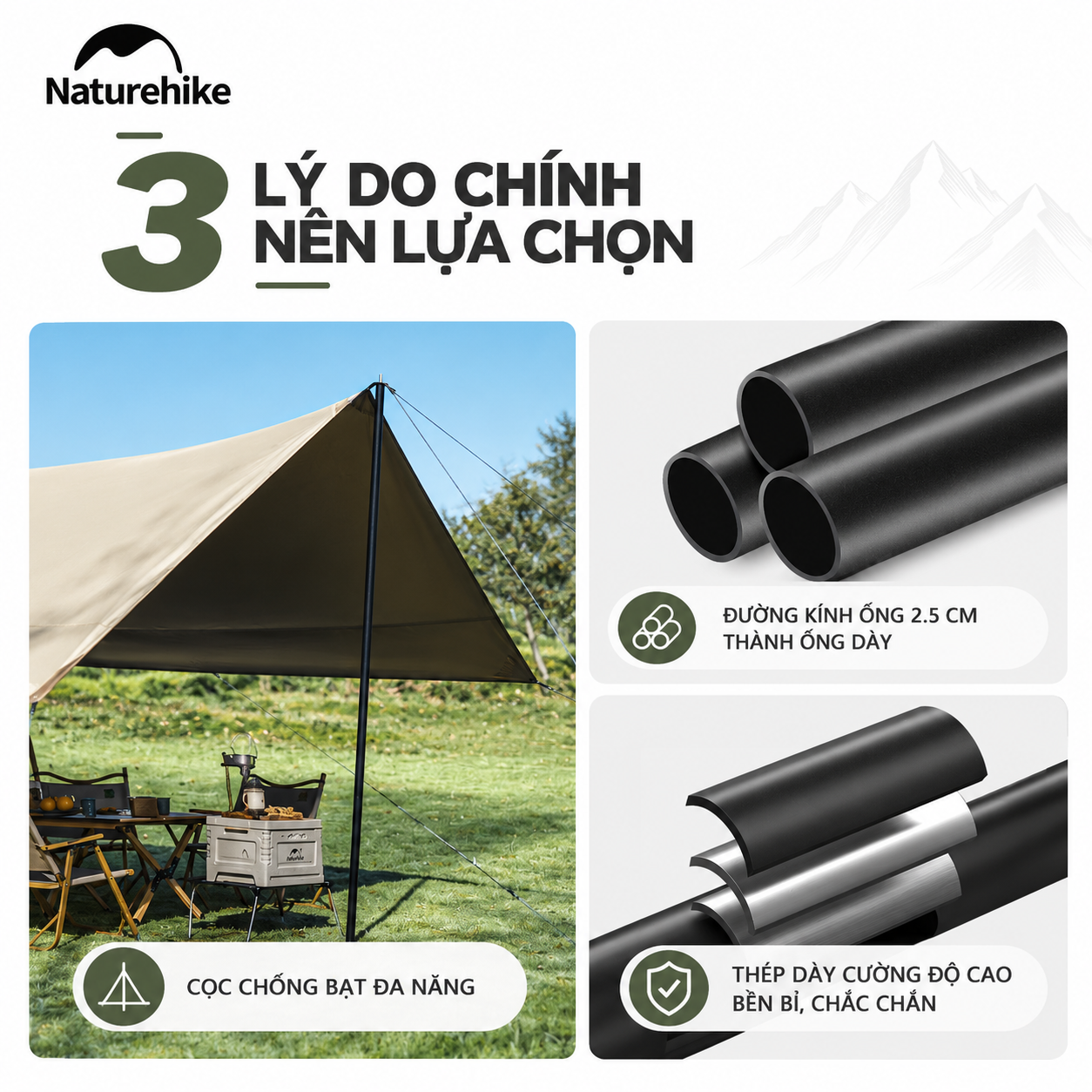 Cột Chống Tăng Naturehike – Cột Dựng Tarp Camping Thép Gấp Gọn, Khóa Bấm Chắc Chắn CNK2550PJ010