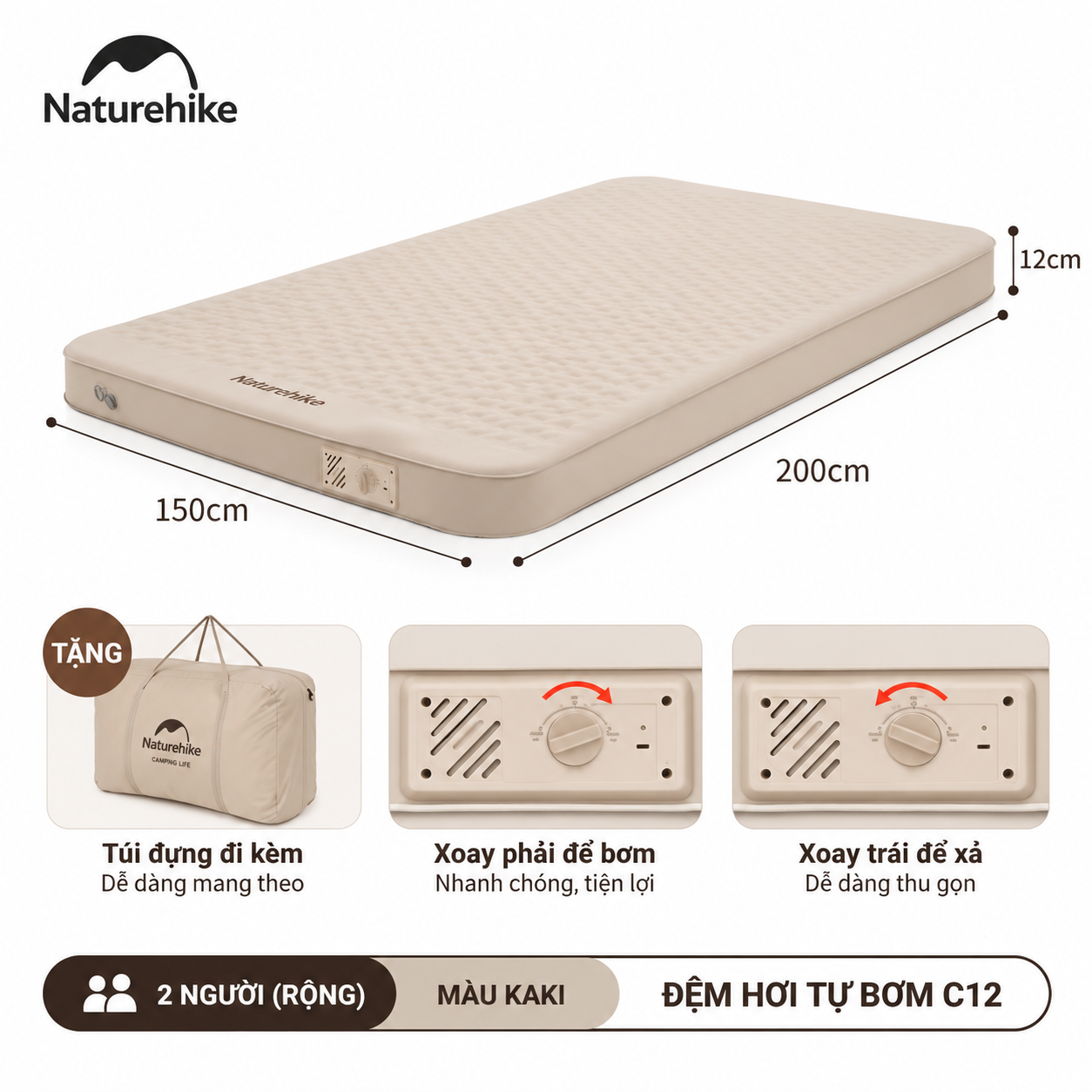 Đệm hơi tự bơm naturehike c12 – đệm ngủ camping 12cm, nhiều kích thước, êm ái & thoải mái CNK2300WS011