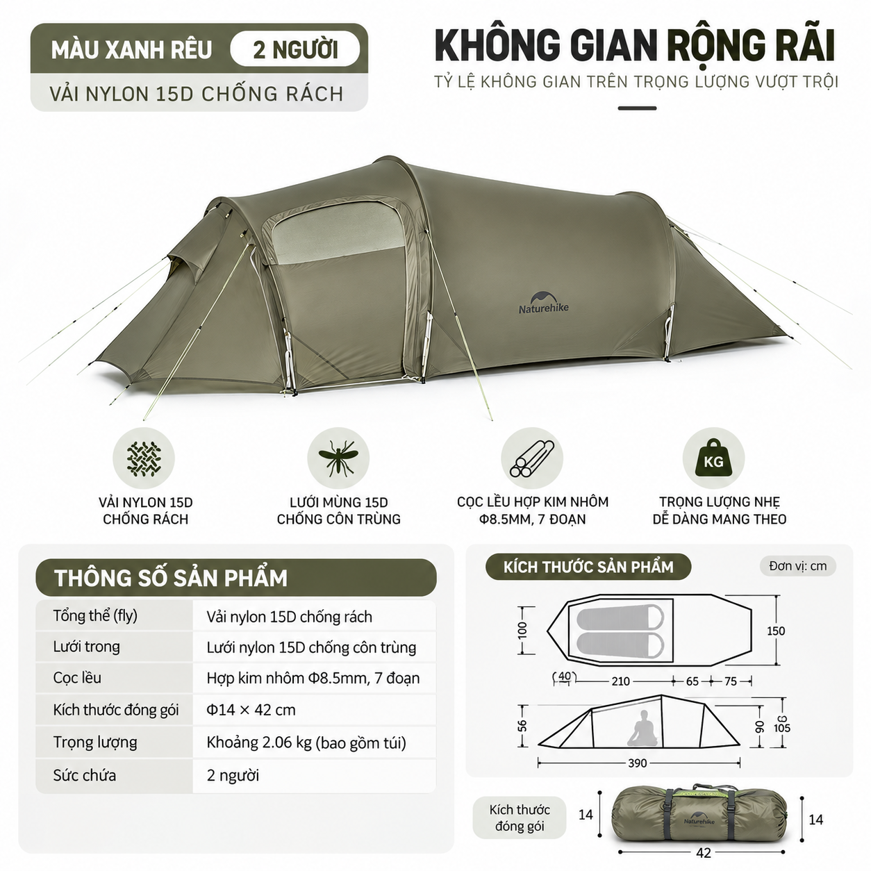 Lều Đường Hầm Naturehike 3 Người Siêu Nhẹ, Lều Camping 4 Mùa Nylon 15D Chống Thấm CNK2450WS036