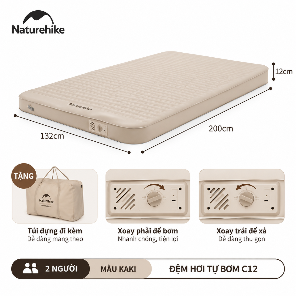 Đệm hơi tự bơm naturehike c12 – đệm ngủ camping 12cm, nhiều kích thước, êm ái & thoải mái CNK2300WS011