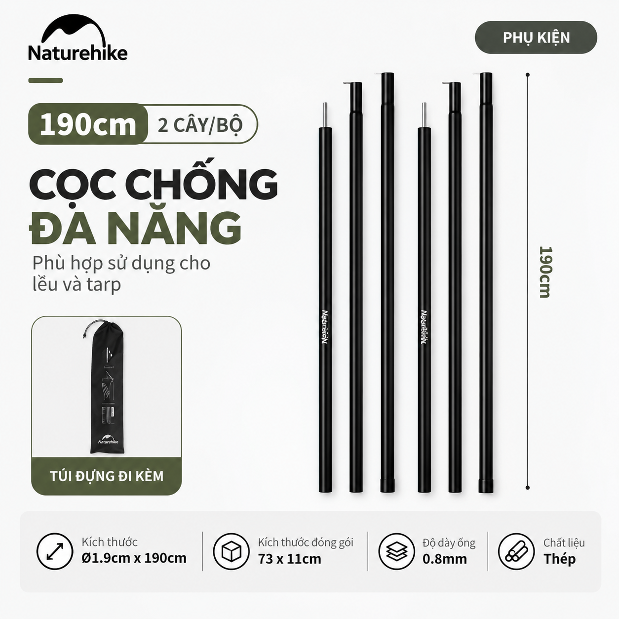 Cột Chống Tăng Naturehike – Cột Dựng Tarp Camping Thép Gấp Gọn, Khóa Bấm Chắc Chắn CNK2550PJ010