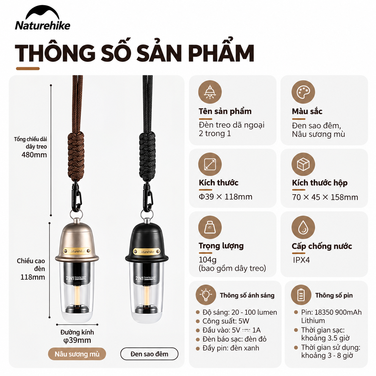 Đèn treo dã ngoại naturehike 2 trong 1 – Đèn camping mini, 2 chế độ sáng, Sạc Type-c CNK2350ZM010