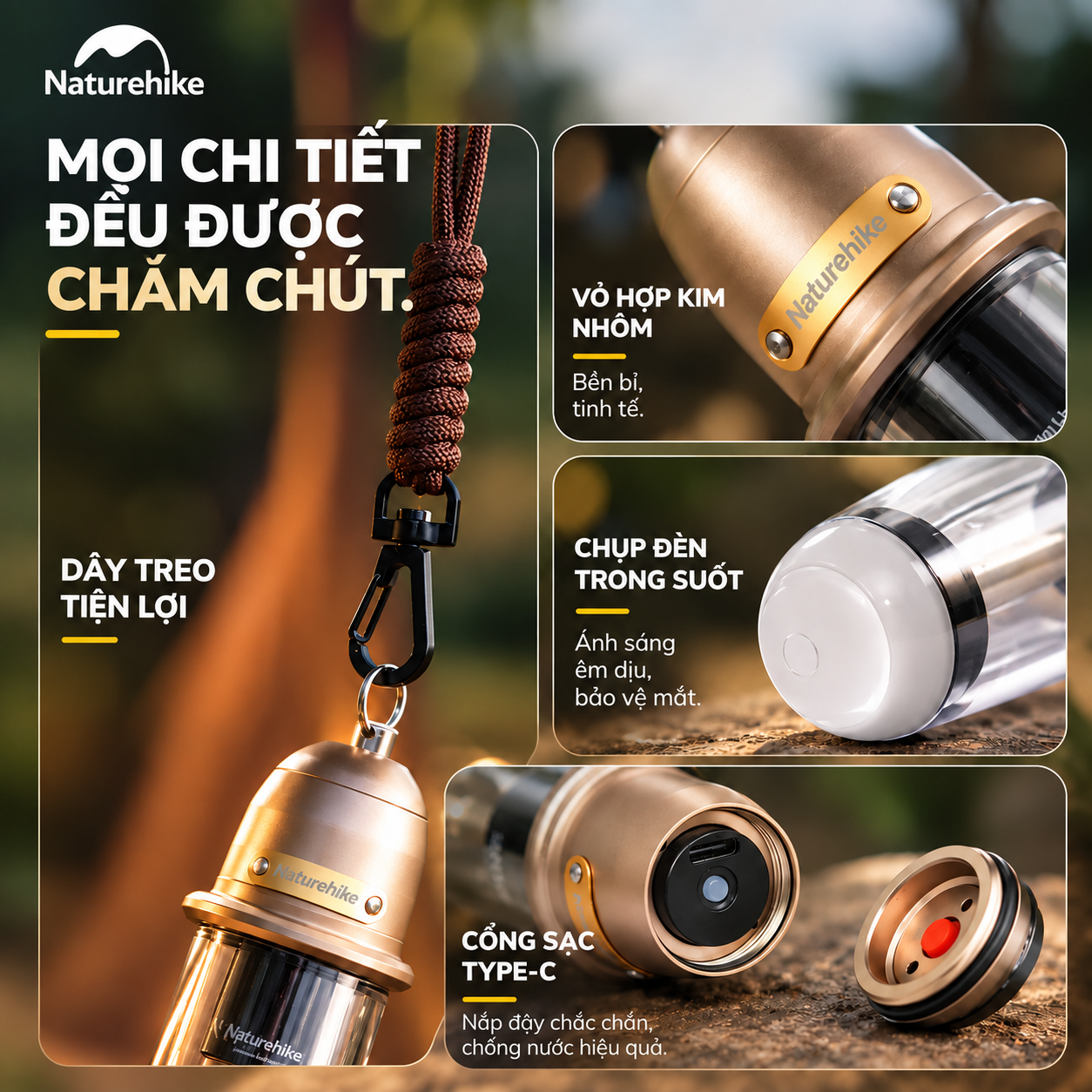 Đèn treo dã ngoại naturehike 2 trong 1 – Đèn camping mini, 2 chế độ sáng, Sạc Type-c CNK2350ZM010