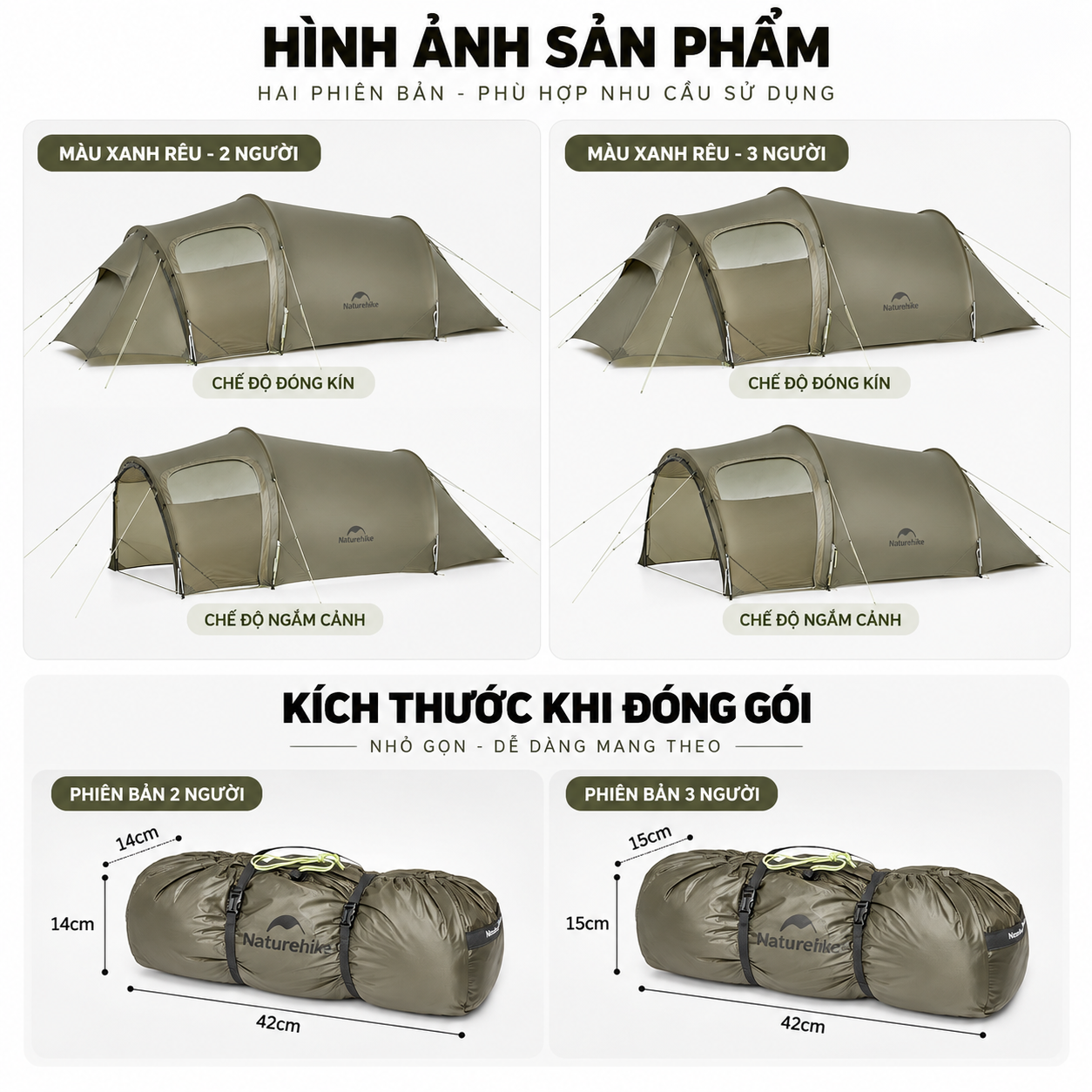 Lều Đường Hầm Naturehike 3 Người Siêu Nhẹ, Lều Camping 4 Mùa Nylon 15D Chống Thấm CNK2450WS036