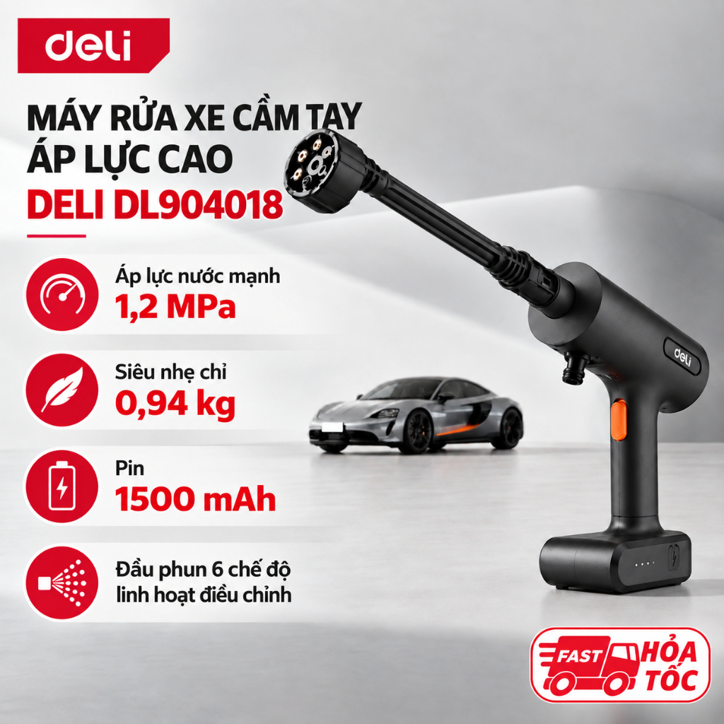 𝐃𝐞𝐥𝐢 - Máy Rửa Xe Pin Cầm Tay 18V 1500mAh, Công Suất 135W, Đầu Phun 6 Chế Độ - DL904018 - SGTOOLS