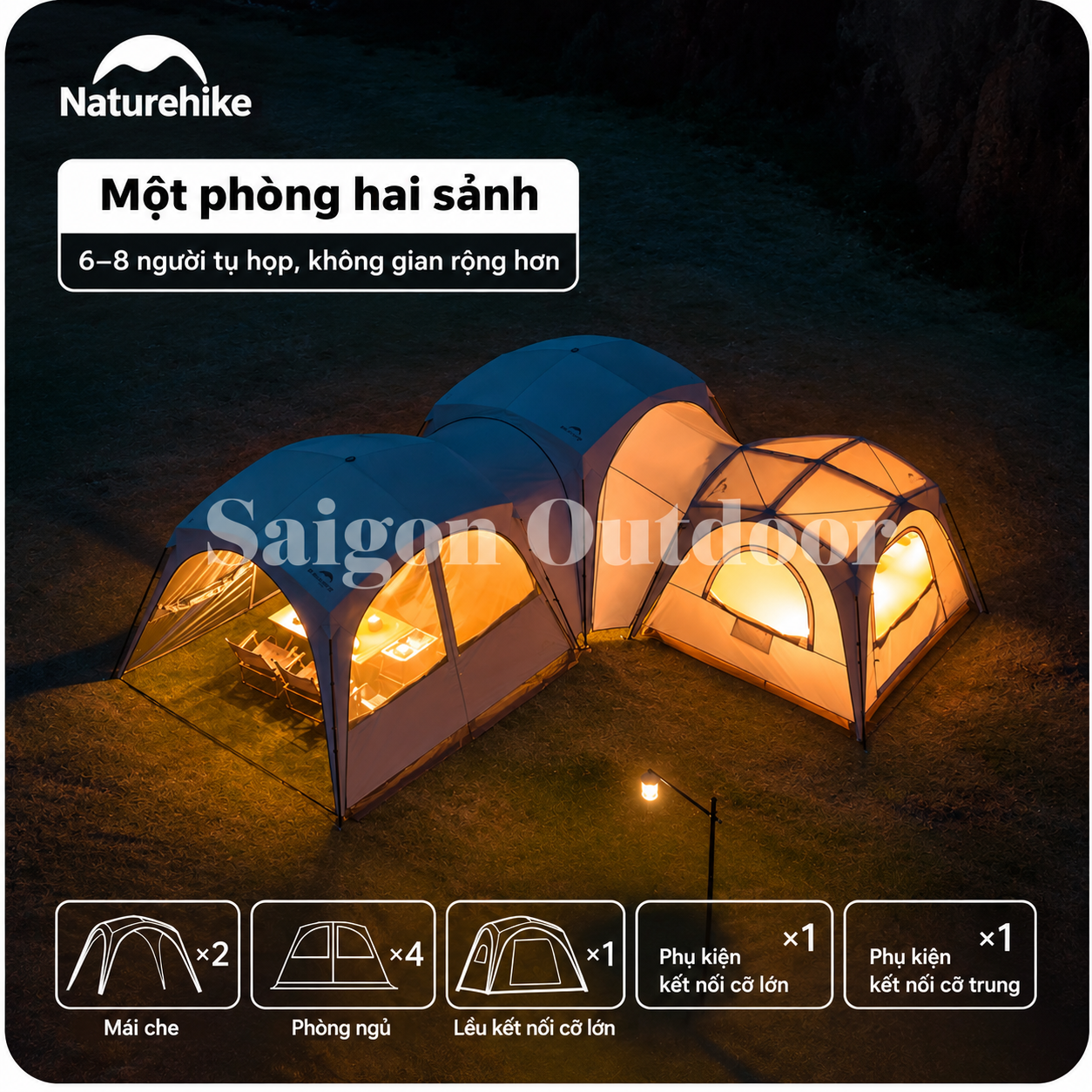 Lều Mái Vòm Tứ Giác Camping Naturehike Ti BLACK® 3×3m – Chống Nắng, Chống Thấm, Cao 2,2m CNK230WS014