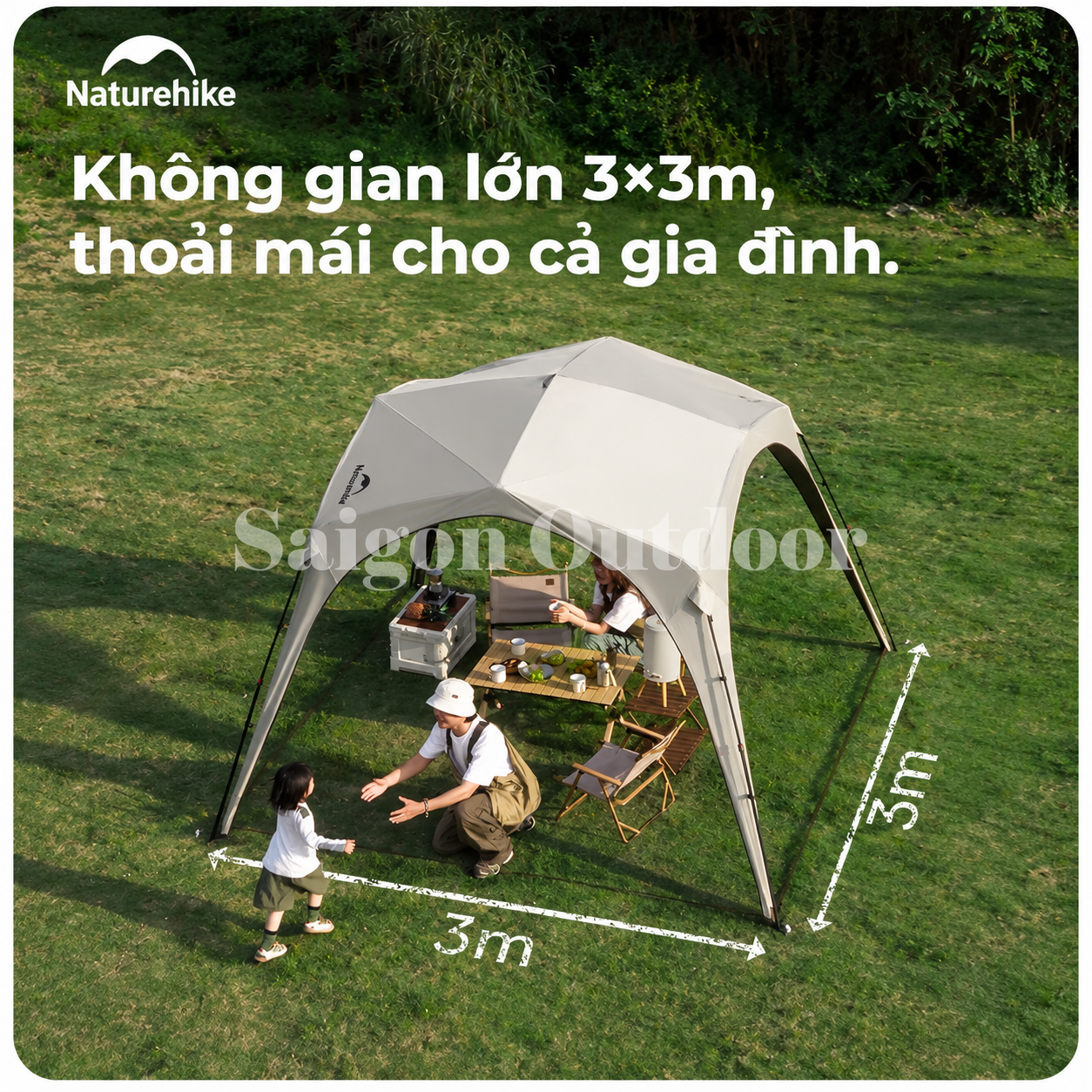 Lều Mái Vòm Tứ Giác Camping Naturehike Ti BLACK® 3×3m – Chống Nắng, Chống Thấm, Cao 2,2m CNK230WS014