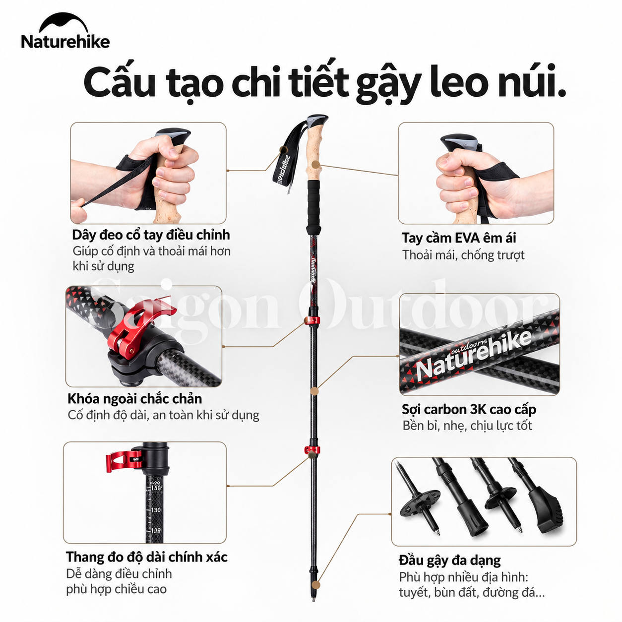 Gậy Trekking Naturehike 3 Khúc Carbon 3K – Siêu Nhẹ 193g, Điều Chỉnh Linh Hoạt NH20DS003
