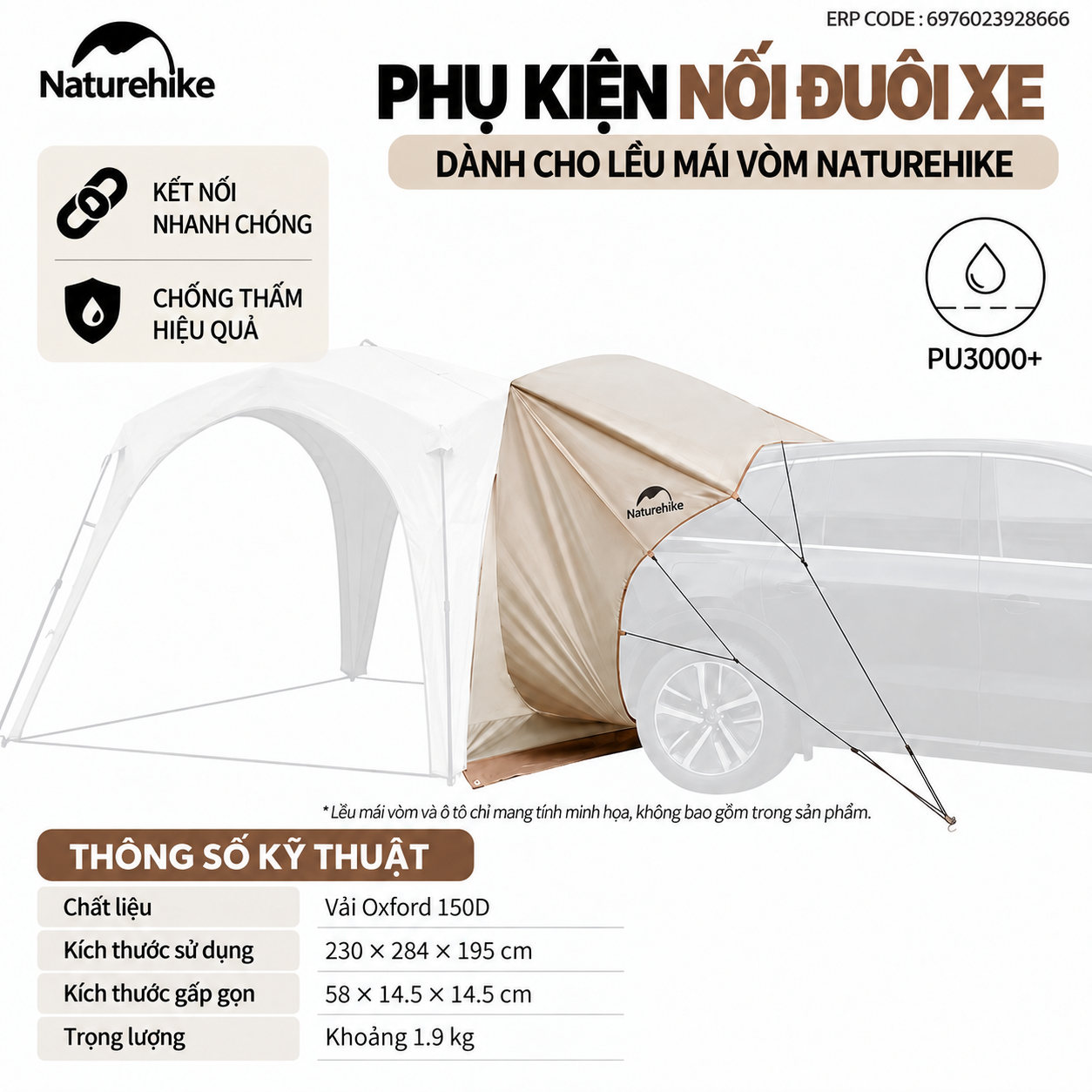 Lều Mái Vòm Tứ Giác Camping Naturehike Ti BLACK® 3×3m – Chống Nắng, Chống Thấm, Cao 2,2m CNK230WS014