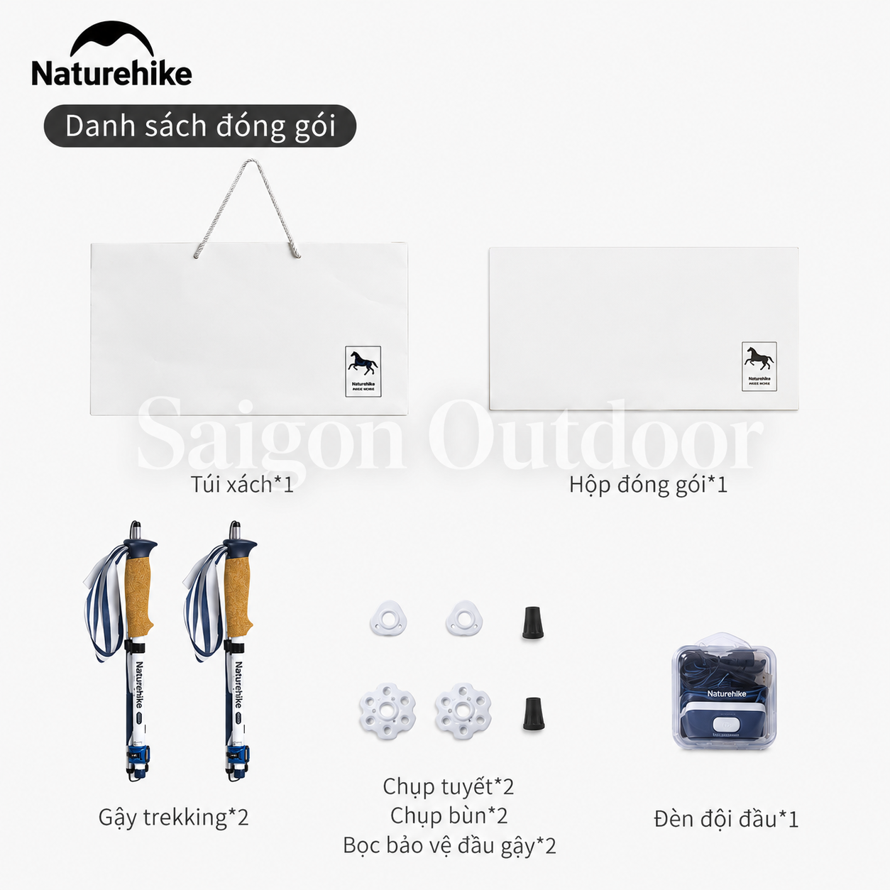 Bộ Gậy Trekking Carbon Naturehike Kỷ Niệm 15 Năm – 2 Gậy Leo Núi 120–135cm Kèm Đèn Đội Đầu CNK2550HY010