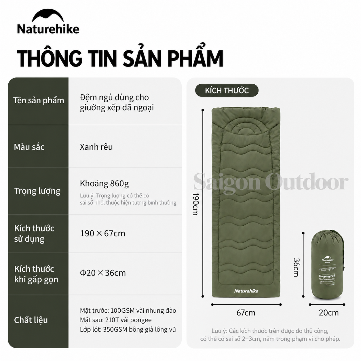 Đệm Ngủ Giường Xếp Dã Ngoại Naturehike – Chần Bông Êm Ái, Giữ Ấm, Gấp Gọn CNK2300DZ022