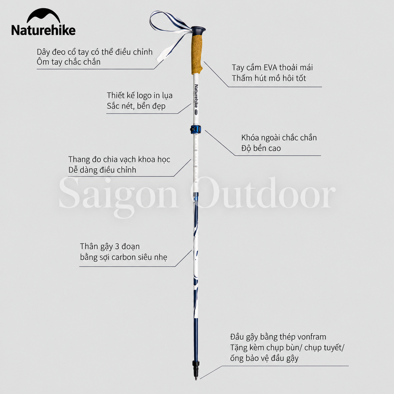 Bộ Gậy Trekking Carbon Naturehike Kỷ Niệm 15 Năm – 2 Gậy Leo Núi 120–135cm Kèm Đèn Đội Đầu CNK2550HY010