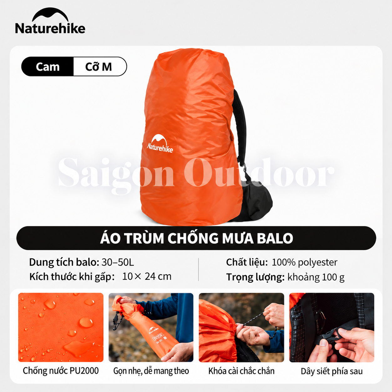 Áo Mưa Bọc Balo Naturehike PU2000 – Chống Nước, Gấp Gọn, Dành Cho Balo 20–75L NH15Y001-Z
