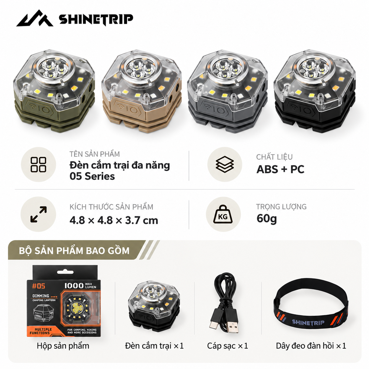 Đèn Camping Đa Năng ShineTrip #05 – 1000LM | Pin 1100mAh | 7 Chế Độ Sáng | Cảm Biến Vẫy Tay | Xoay 180°