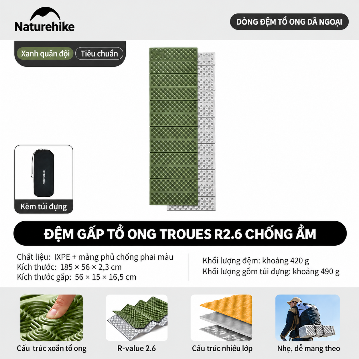 Đệm Tổ Ong Naturehike IXPE Phủ Nhôm – Cách Nhiệt, Gấp Gọn, Siêu Nhẹ CNK2650WS010