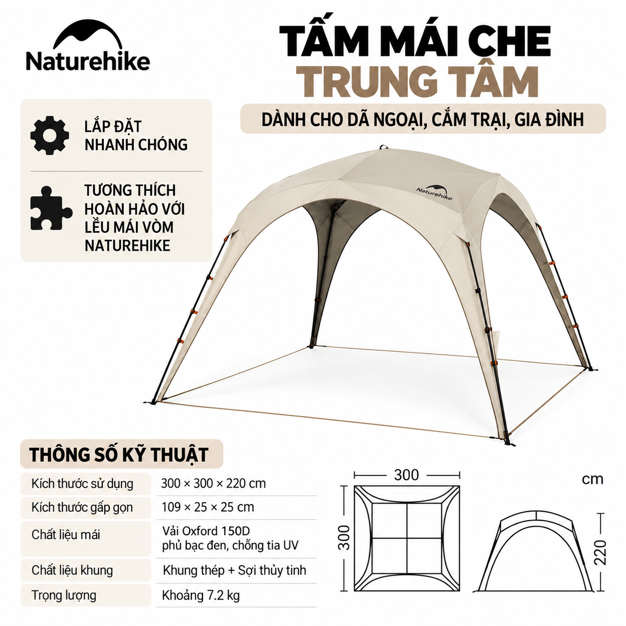 Lều Mái Vòm Tứ Giác Camping Naturehike Ti BLACK® 3×3m – Chống Nắng, Chống Thấm, Cao 2,2m CNK230WS014