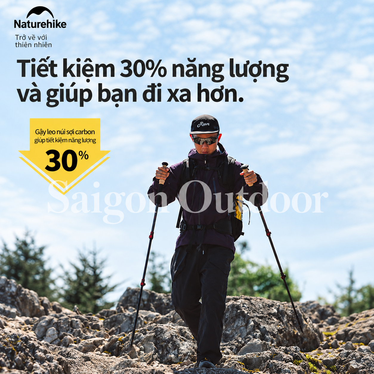 Gậy Trekking Naturehike 3 Khúc Carbon 3K – Siêu Nhẹ 193g, Điều Chỉnh Linh Hoạt NH20DS003