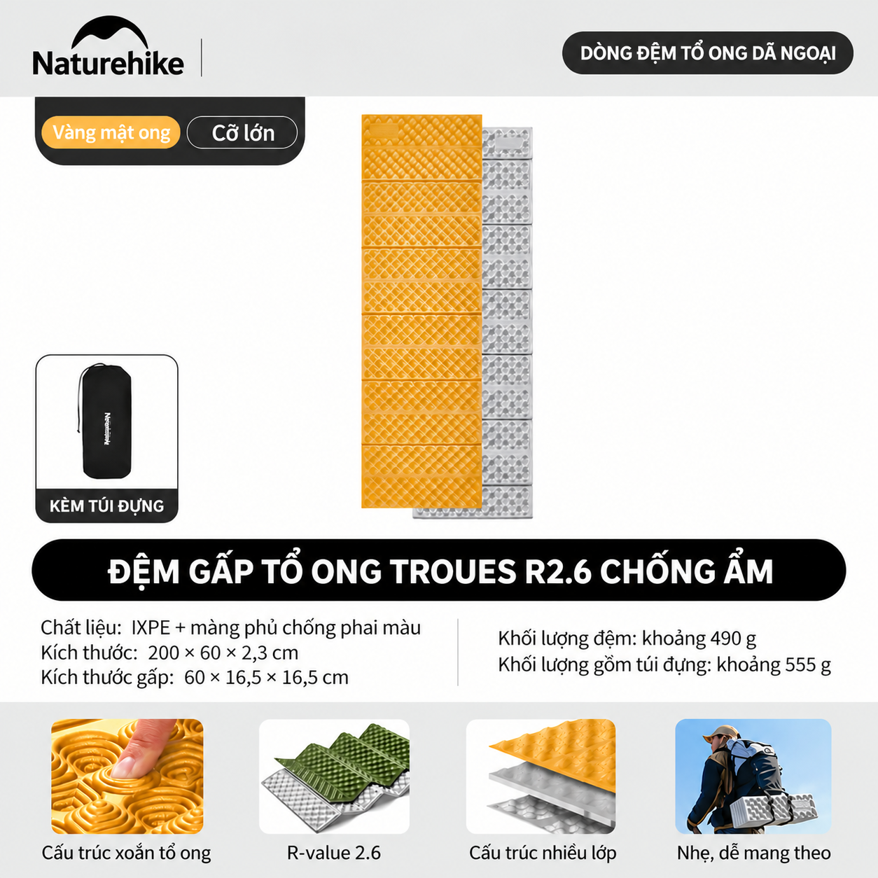 Đệm Tổ Ong Naturehike IXPE Phủ Nhôm – Cách Nhiệt, Gấp Gọn, Siêu Nhẹ CNK2650WS010