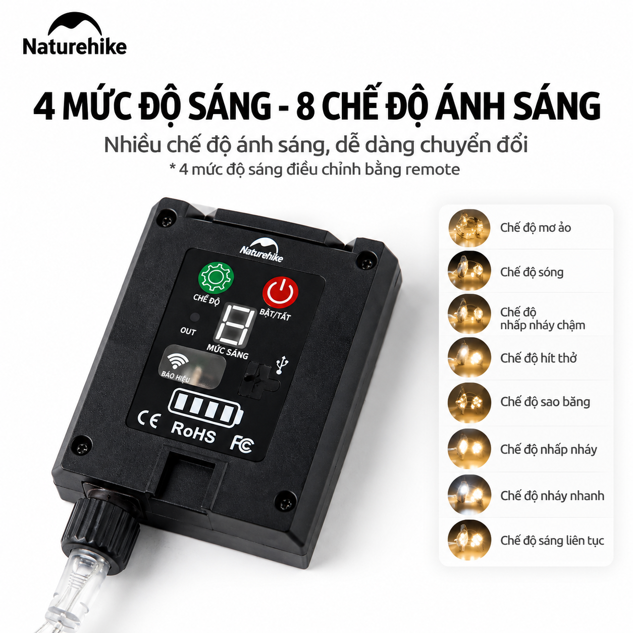 Dây Đèn LED Năng Lượng Mặt Trời Naturehike 20m – 100 Bóng, IPX4, 8 Chế Độ, Điều Khiển Remote CNH22DQ027