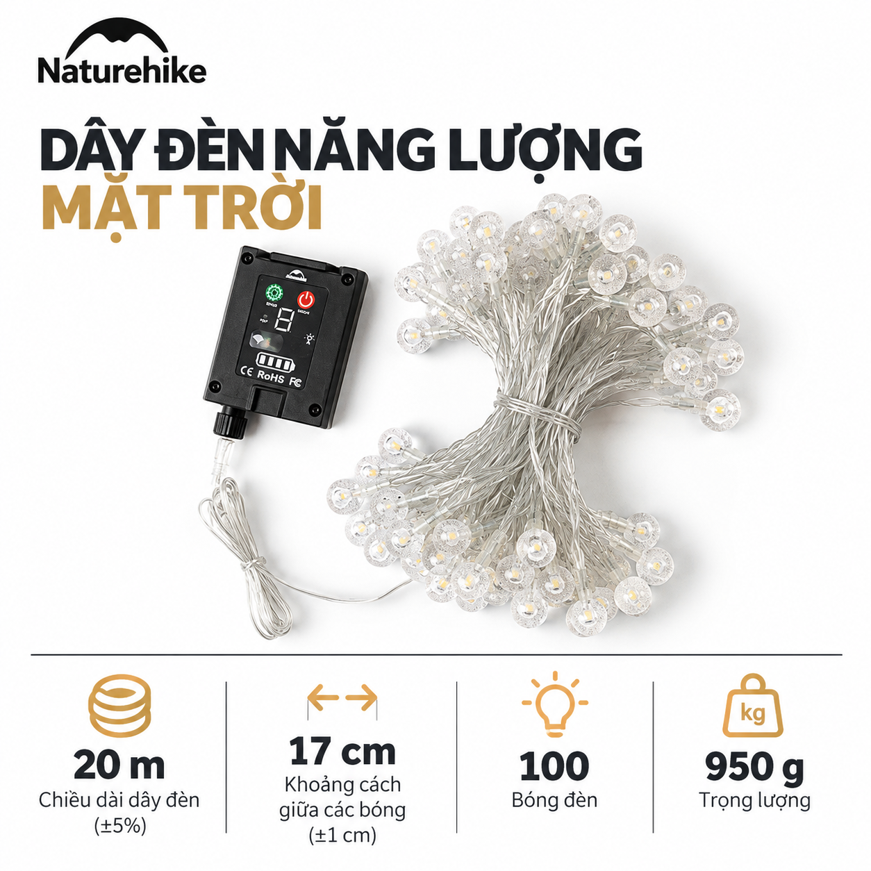 Dây Đèn LED Năng Lượng Mặt Trời Naturehike 20m – 100 Bóng, IPX4, 8 Chế Độ, Điều Khiển Remote CNH22DQ027