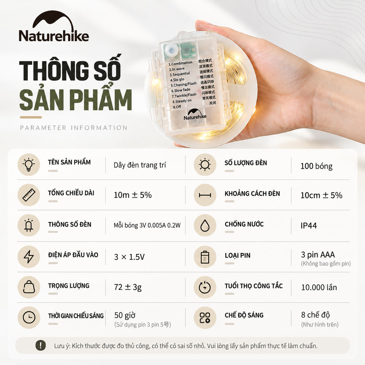 Đèn Dây Cắm Trại Naturehike 10M – 100 LED, 8 Chế Độ Sáng, Pin AAA, Chống Nước IP44 CNH22DQ019