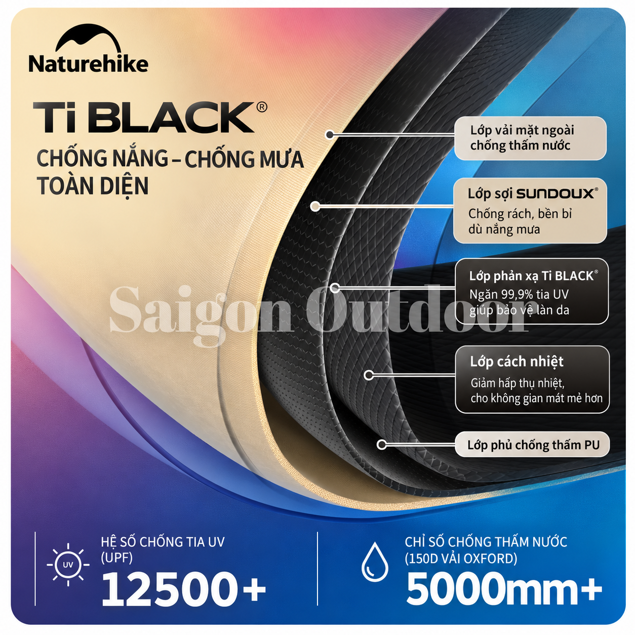 Lều Mái Vòm Tứ Giác Camping Naturehike Ti BLACK® 3×3m – Chống Nắng, Chống Thấm, Cao 2,2m CNK230WS014