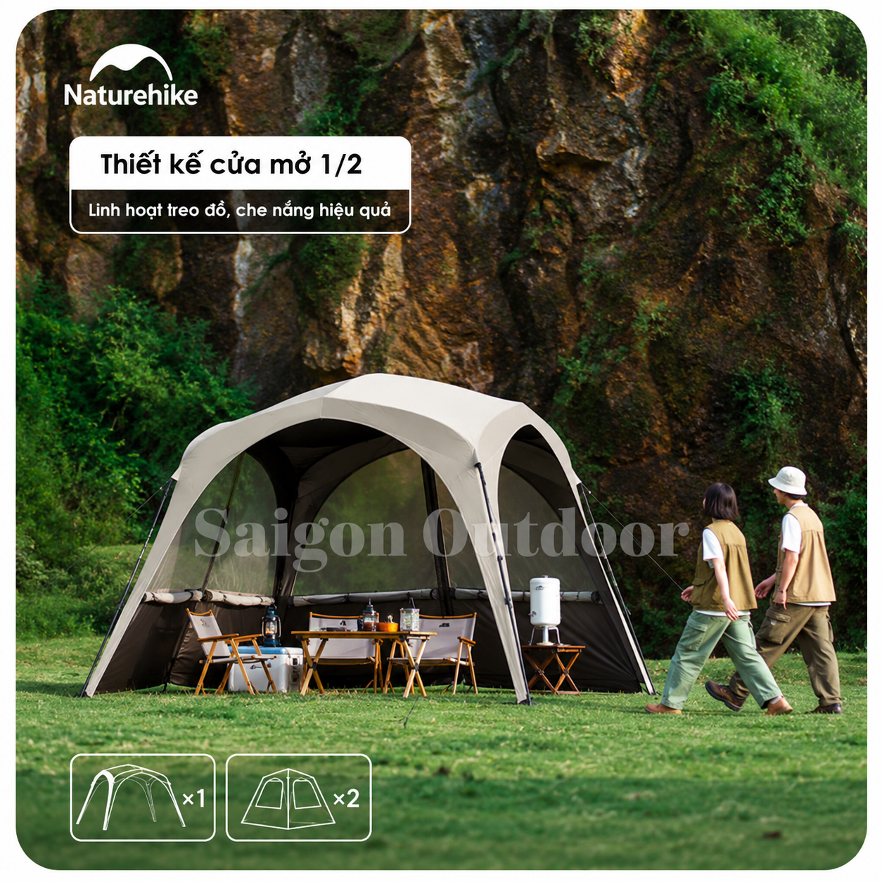 Lều Mái Vòm Tứ Giác Camping Naturehike Ti BLACK® 3×3m – Chống Nắng, Chống Thấm, Cao 2,2m CNK230WS014