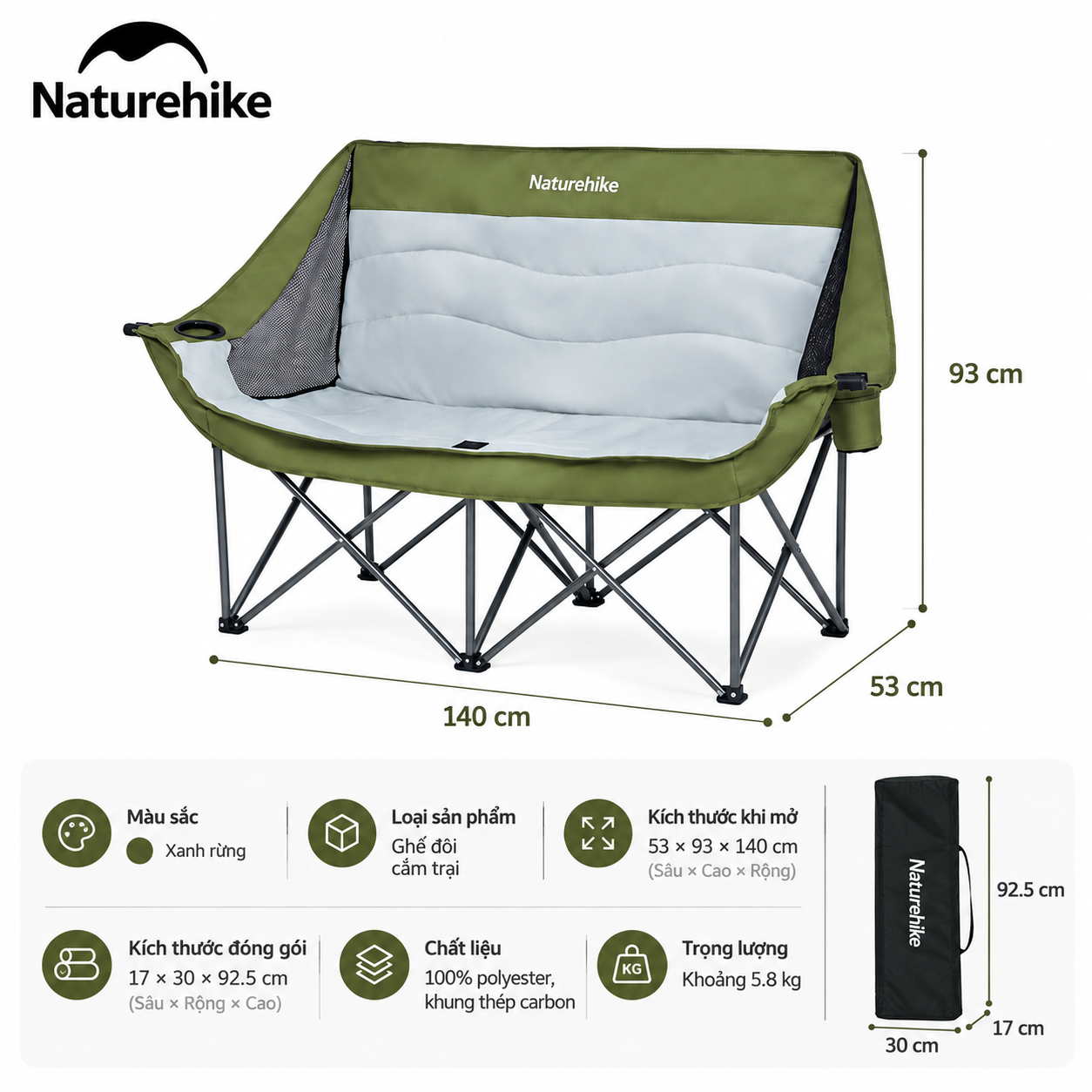 Ghế Đôi Naturehike ComfortMax Star T02 – Ghế Camping 2 Người, Đệm Êm Ái, Khung Thép Chắc Chắn CNK2650JJ016