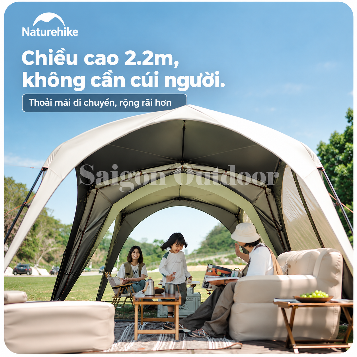 Lều Mái Vòm Tứ Giác Camping Naturehike Ti BLACK® 3×3m – Chống Nắng, Chống Thấm, Cao 2,2m CNK230WS014