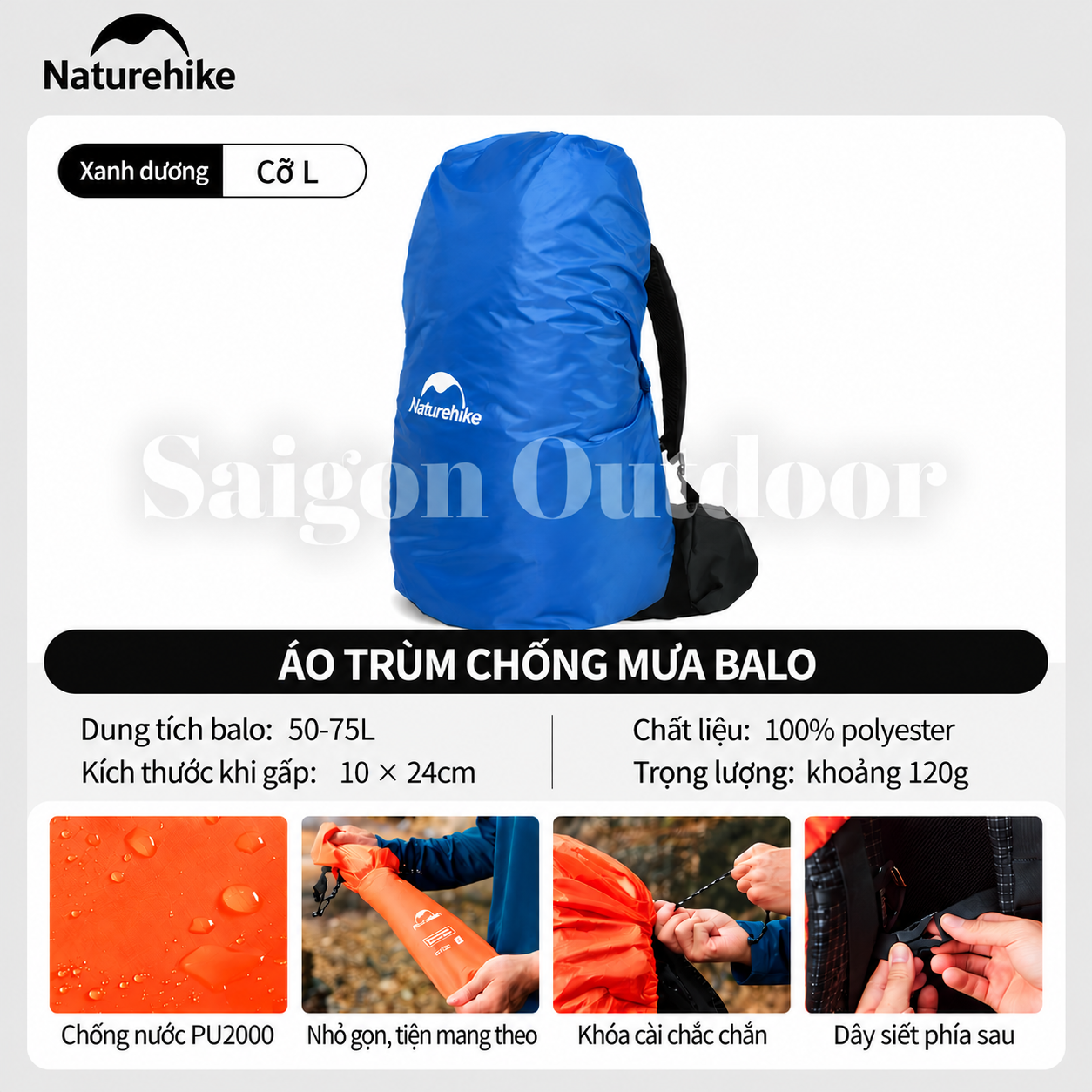 Áo Mưa Bọc Balo Naturehike PU2000 – Chống Nước, Gấp Gọn, Dành Cho Balo 20–75L NH15Y001-Z