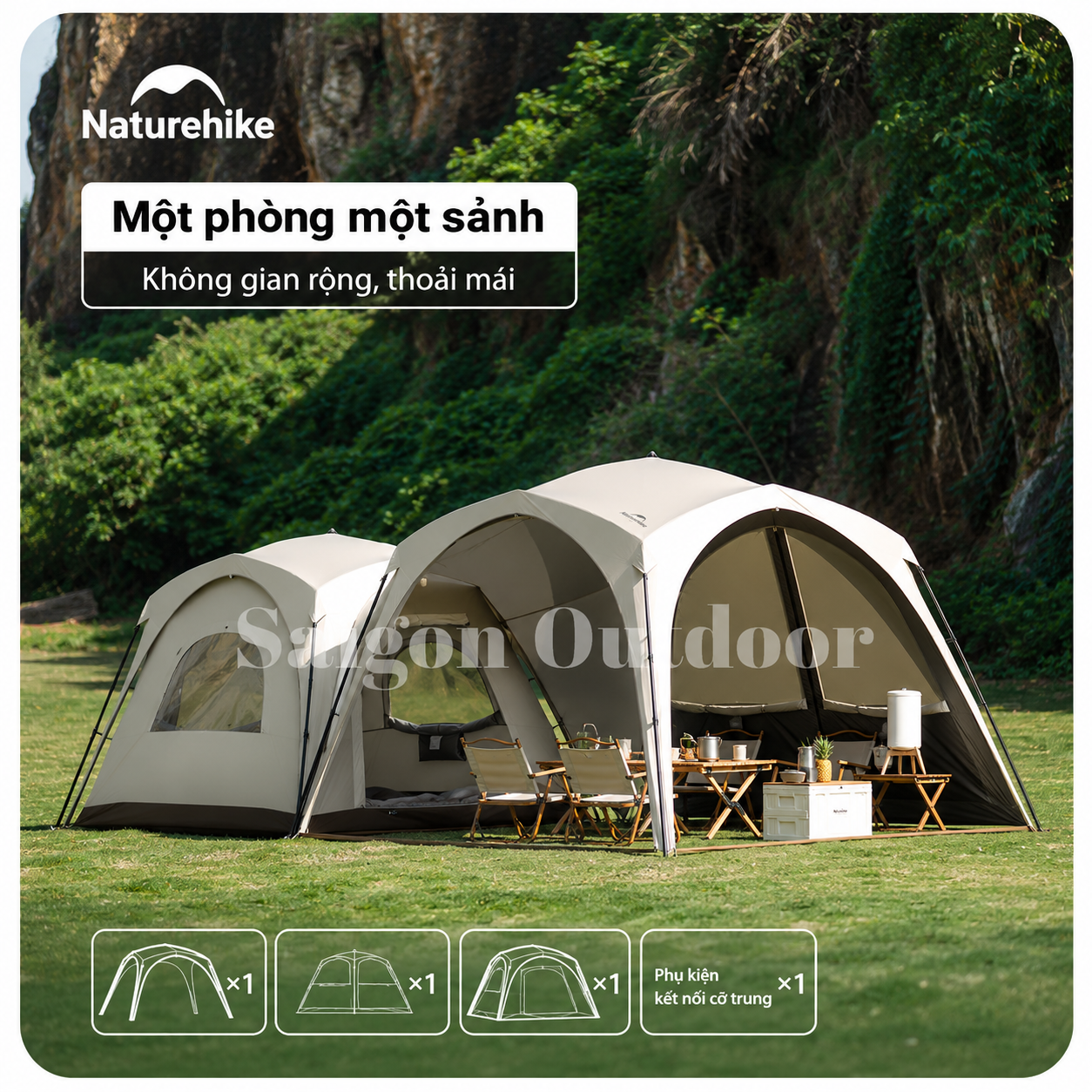 Lều Mái Vòm Tứ Giác Camping Naturehike Ti BLACK® 3×3m – Chống Nắng, Chống Thấm, Cao 2,2m CNK230WS014