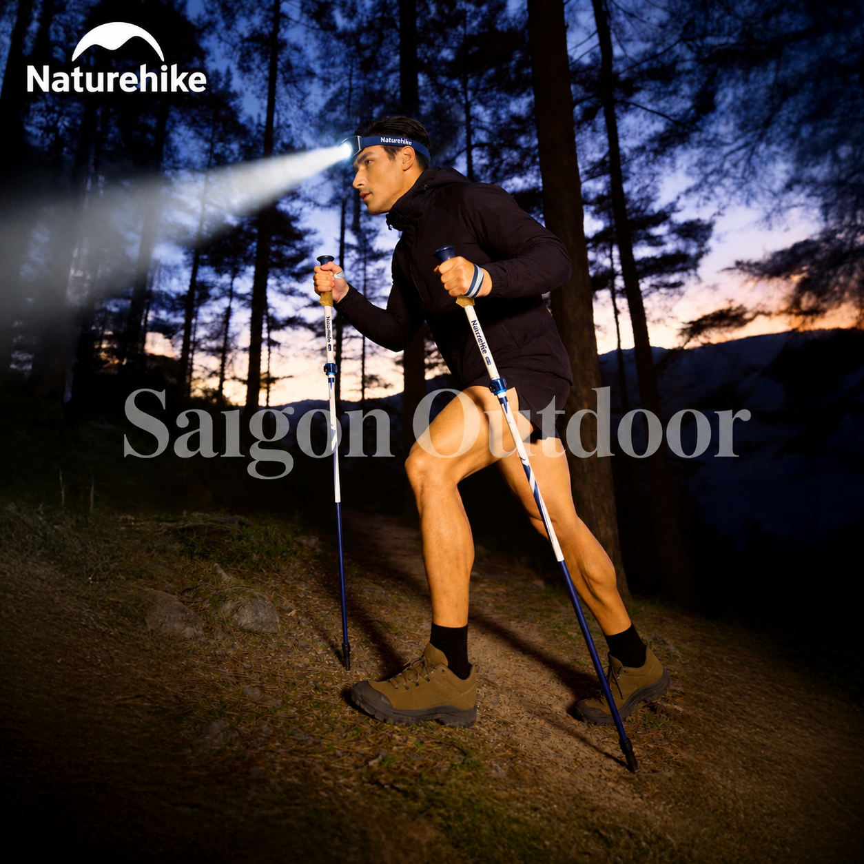 Bộ Gậy Trekking Carbon Naturehike Kỷ Niệm 15 Năm – 2 Gậy Leo Núi 120–135cm Kèm Đèn Đội Đầu CNK2550HY010