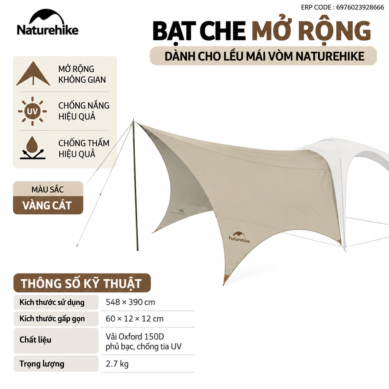 Lều Mái Vòm Tứ Giác Camping Naturehike Ti BLACK® 3×3m – Chống Nắng, Chống Thấm, Cao 2,2m CNK230WS014