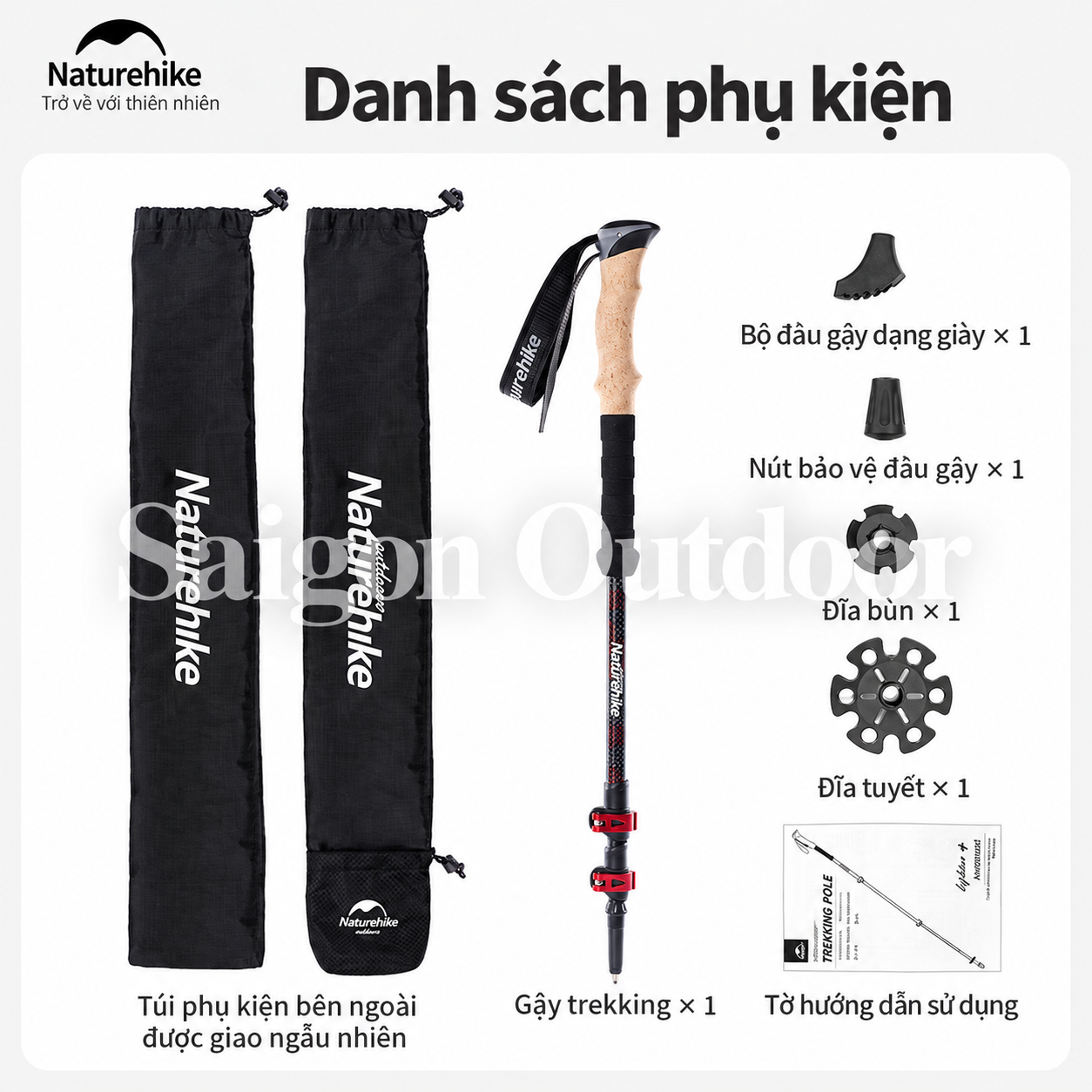 Gậy Trekking Naturehike 3 Khúc Carbon 3K – Siêu Nhẹ 193g, Điều Chỉnh Linh Hoạt NH20DS003
