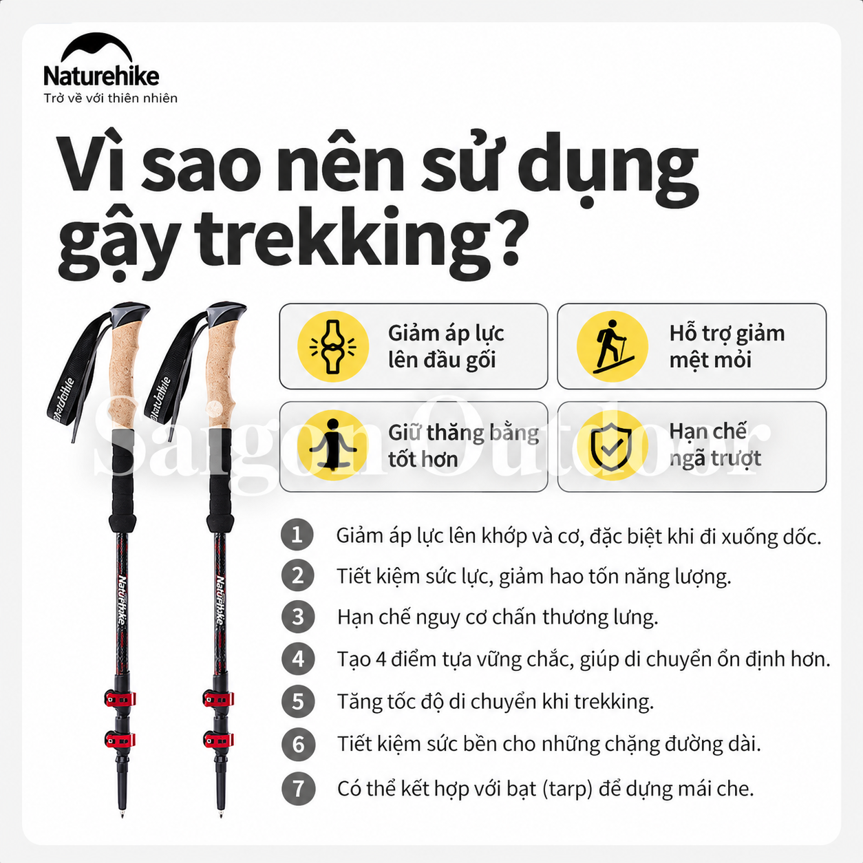 Gậy Trekking Naturehike 3 Khúc Carbon 3K – Siêu Nhẹ 193g, Điều Chỉnh Linh Hoạt NH20DS003